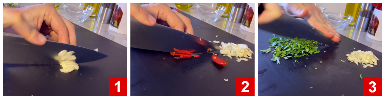 Bereiding van knoflook, chili en peterselie